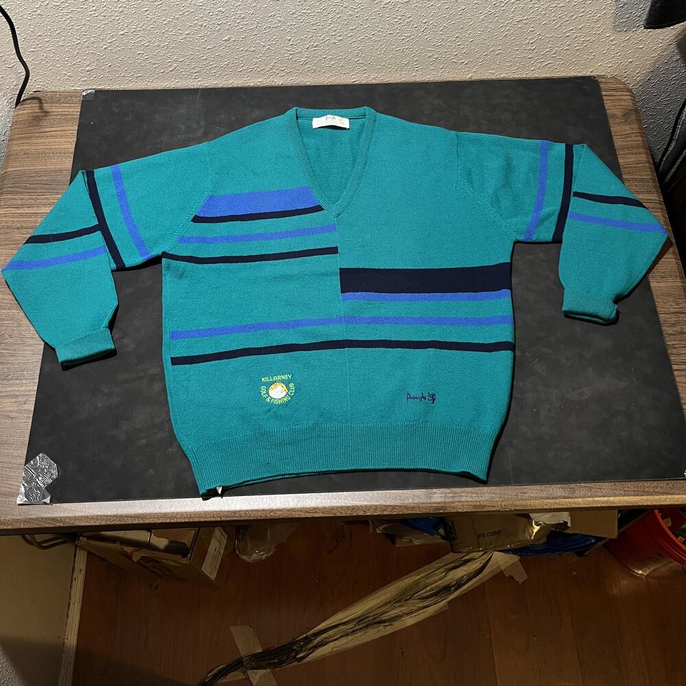 Vintage Pringle Killarney Golf Sweater Jumper XL Green Wool Made Scotland 1970s